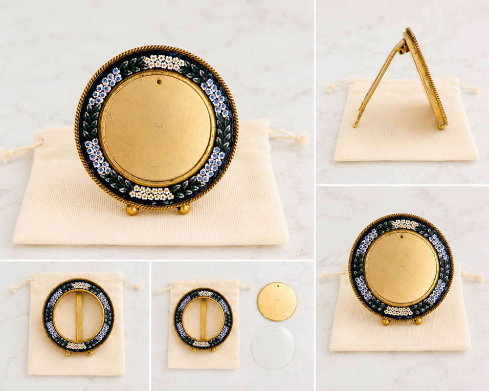 Antique Italian Micro Mosaic Round Photo Frame Brass Easel Forget-Me-Not Floral